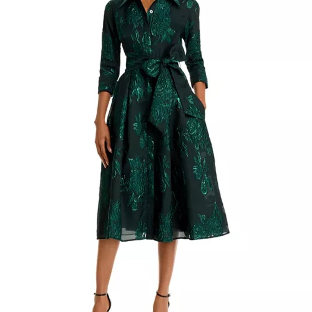 Teri Jon by Rickie Freeman Metallic Jacquard Midi Shirt Dress – Emerald Green